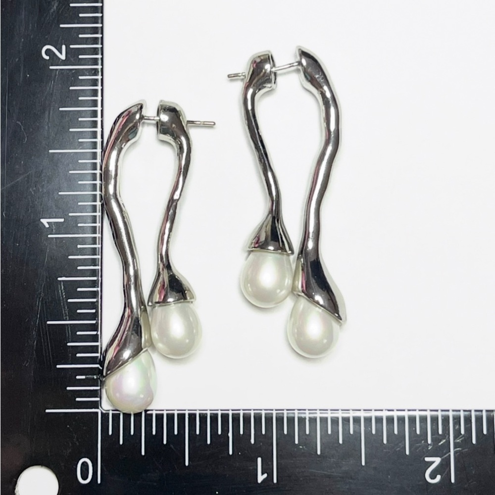 Front Back Earrings Drip Drop Silver White Pearl Dangle AP29
